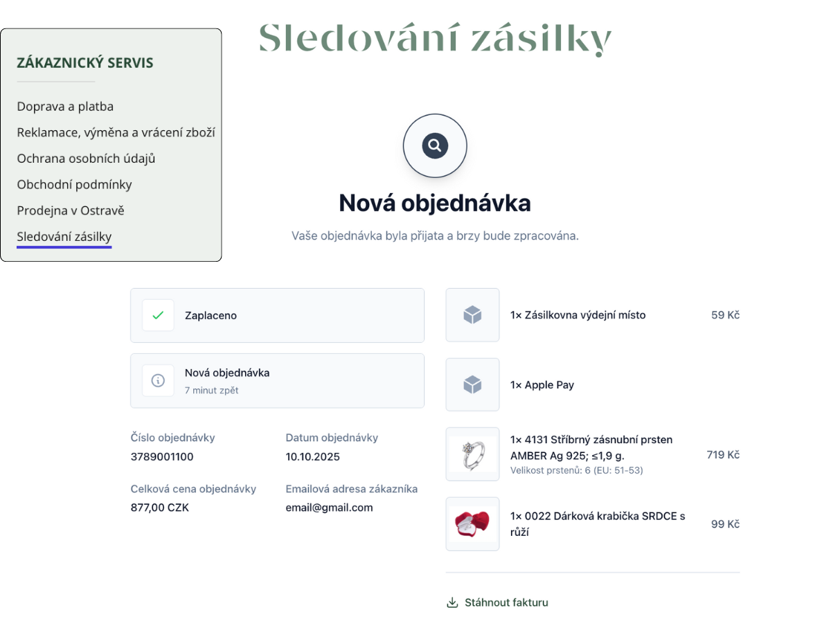 Ukázka sledovací stránky e-shopu Olivie.cz, která má odkaz na sledování objednávky i v patičce e-shopu.