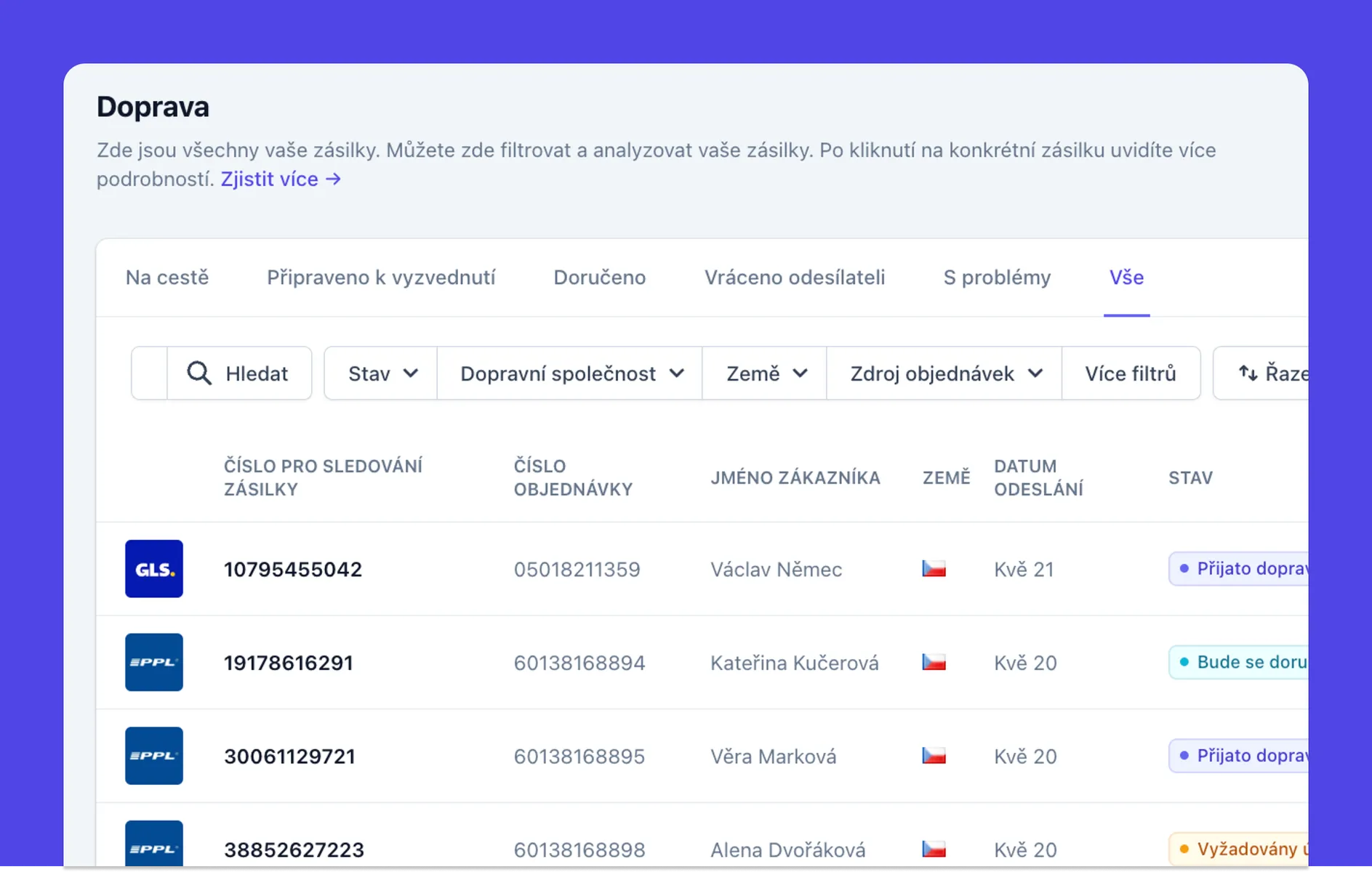 Přehledné sledování všech zásilek
