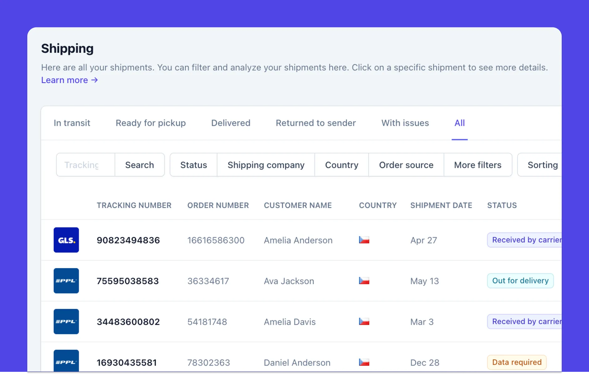 Clear overview of all shipments