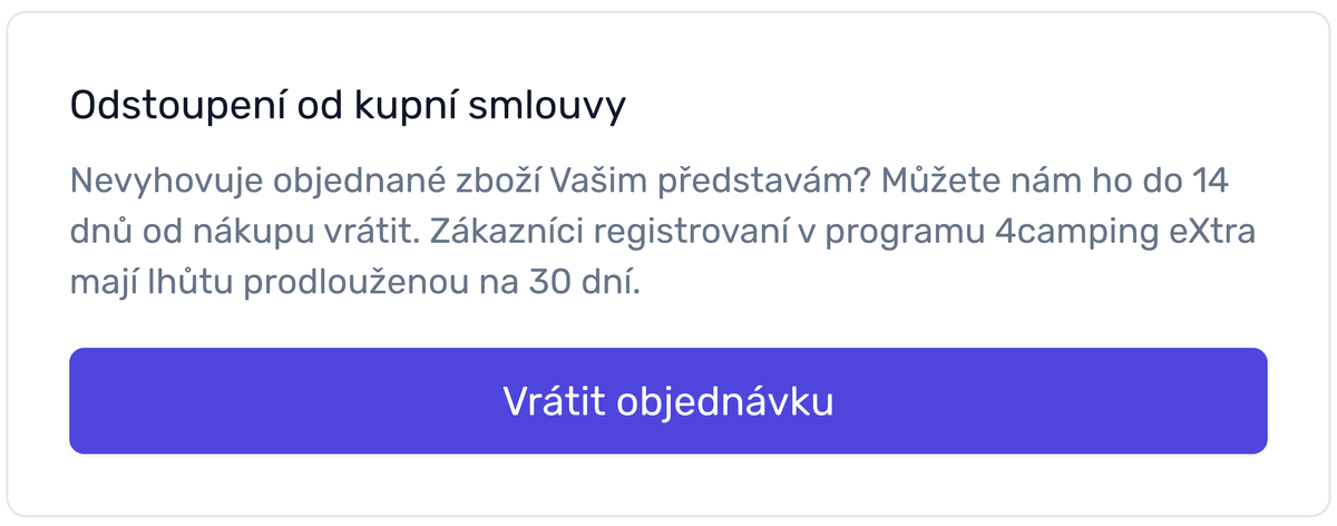 Ukázka tlačítka přes online portál Retino. Textace lze přizpůsobit dle vašich požadavků. Např. klient 4camping využívá možnosti prodloužené lhůty pro odstoupení od smlouvy pro registrované klienty.