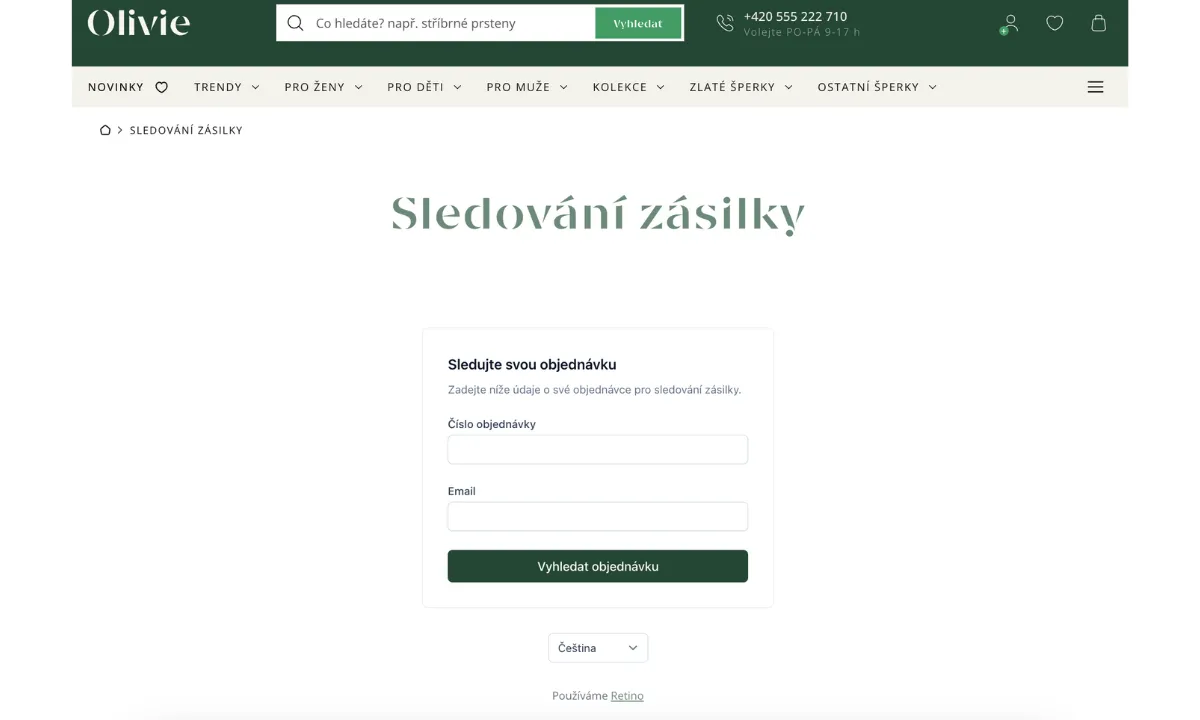 Funkce Track & Trace na webu Olivie