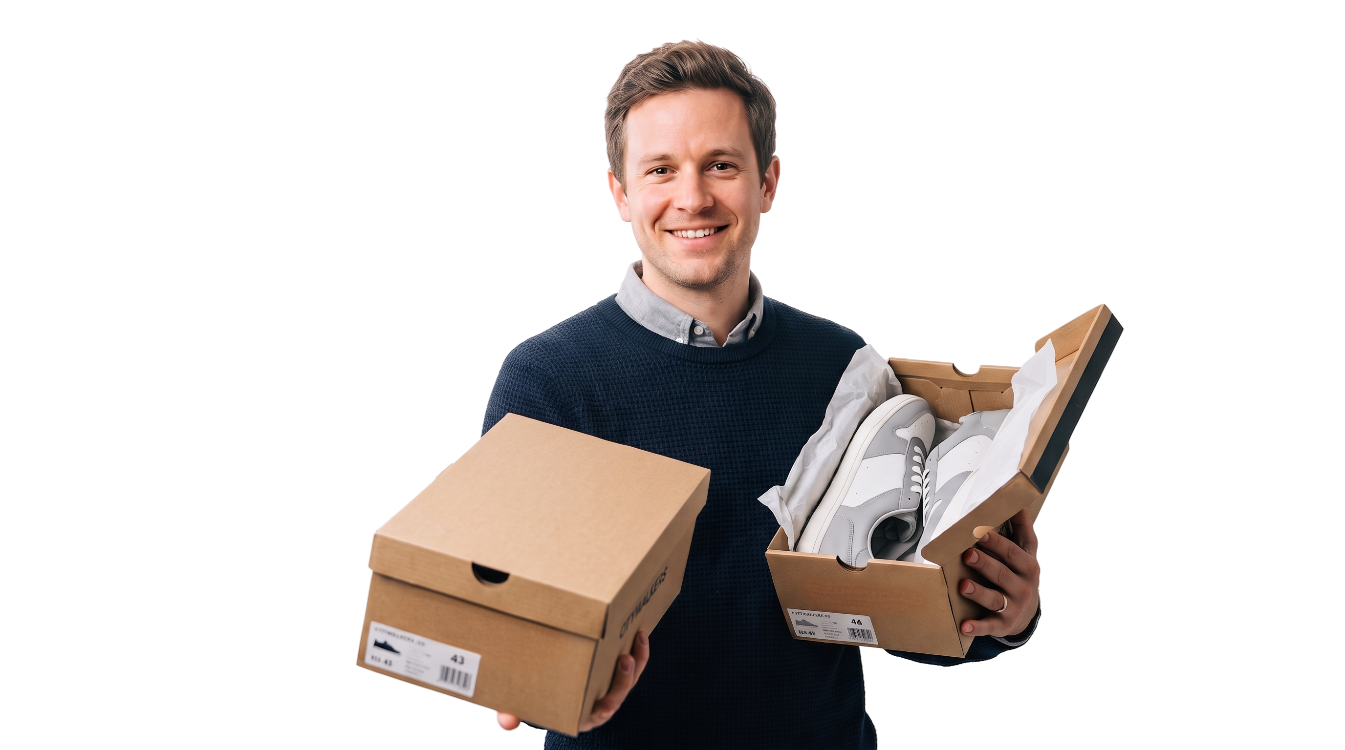 A smiling shop owner holding returned products